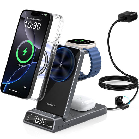 5-In-1 Magnetic Charging Station Supports Samsung Phones/Other Android Phones (Galaxy S26 and Above), Galaxy Watch/Pods, Iphone 12-17/Airwatchpods, Offering 15W Fast Charging. the Elecdov CE19 Features Vents, a Foldable Design, a Bedside Clock